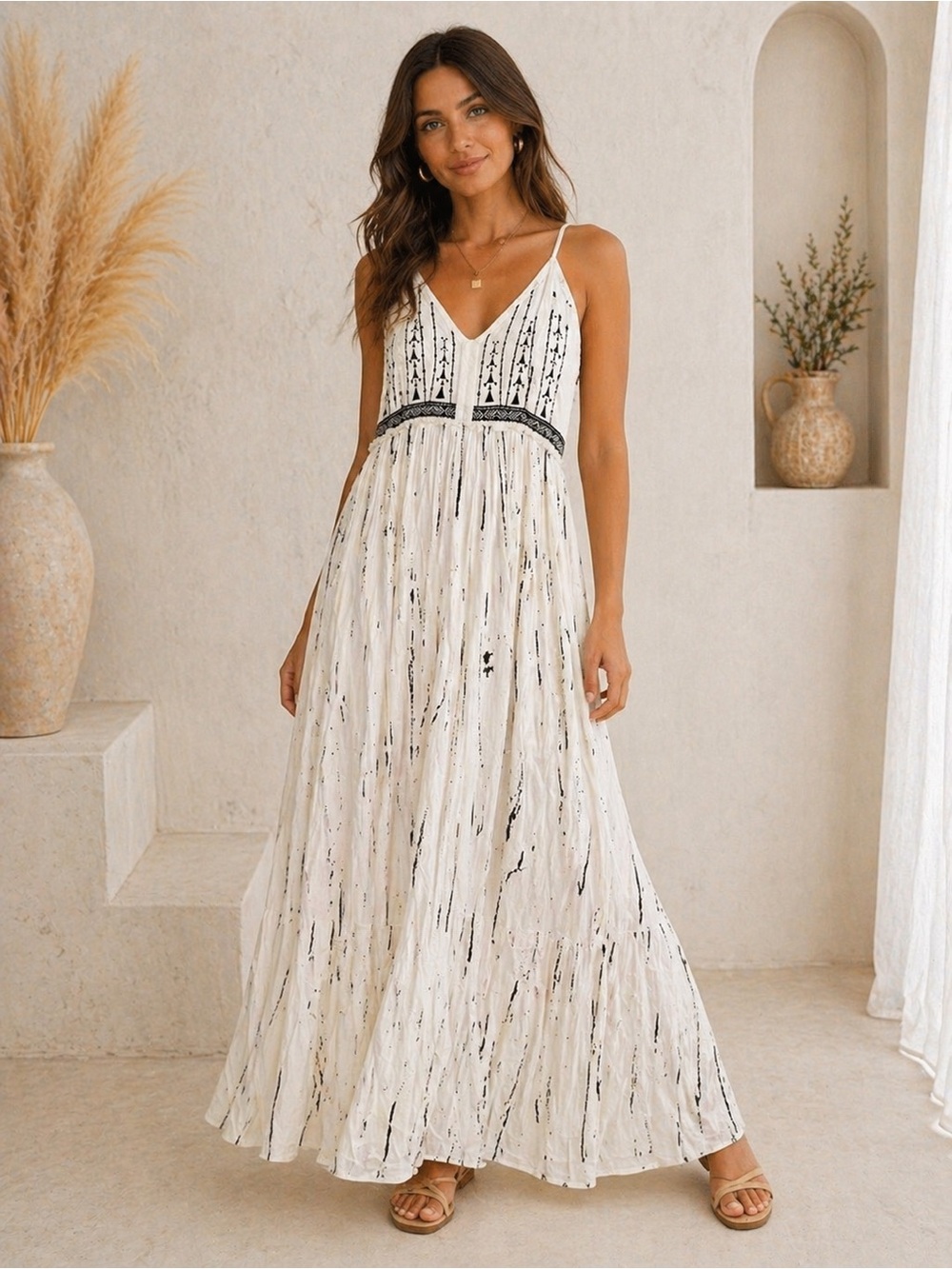 Sleeveless White Maxi Dress with Black Trim and Abstract Print